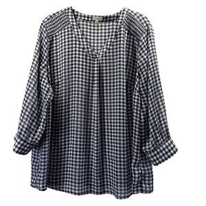 Talbots Women's Top Plus 1X Navy Blue White Check 3/4 Sleeves Semi Sheer Popover
